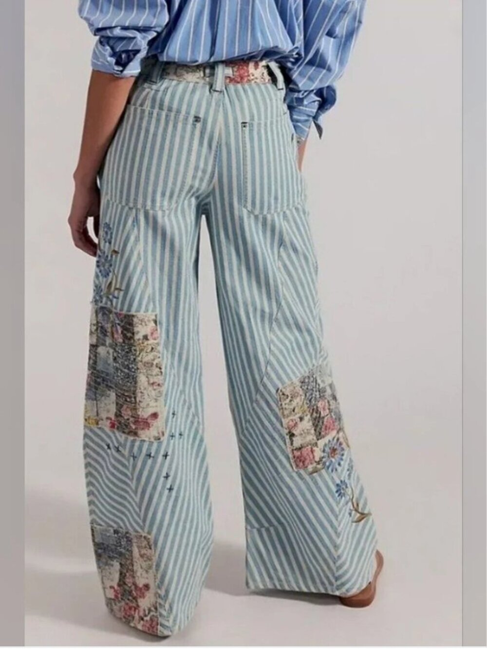 Free People NWT Patchwork Wide Leg Railroad Stripe Cotton Fabric Jeans Pants - Picture 3 of 7